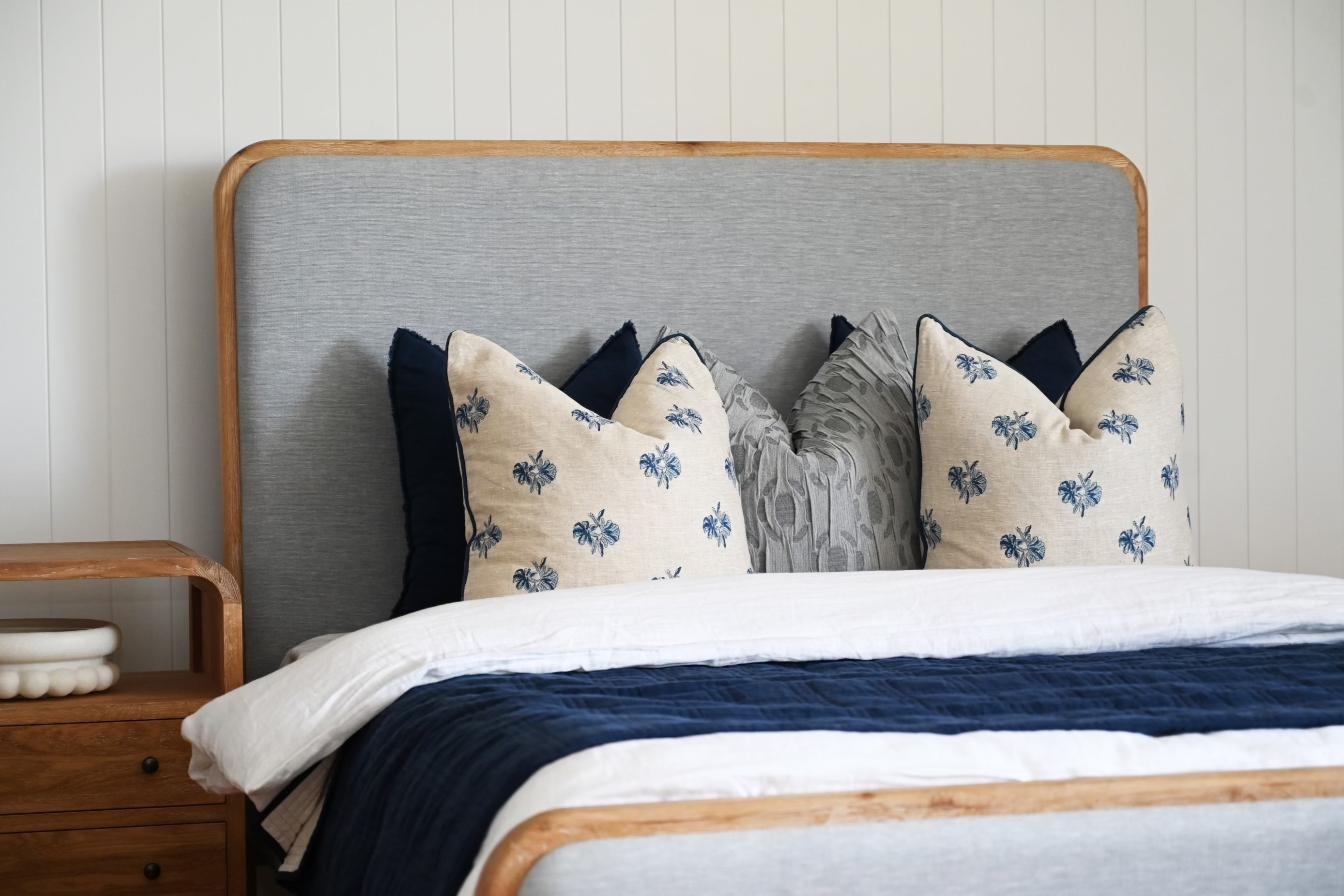 Alana Hand Quilted Linen Reversible Bed Cover- Navy and Oatmeal