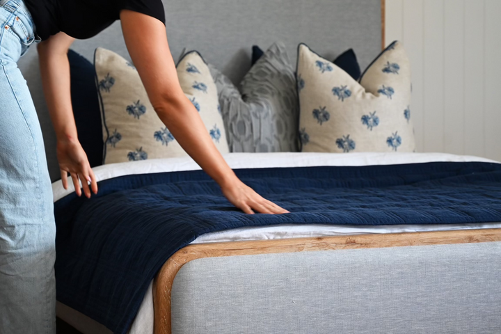 Alana Hand Quilted Linen Reversible Bed Cover- Navy and Oatmeal