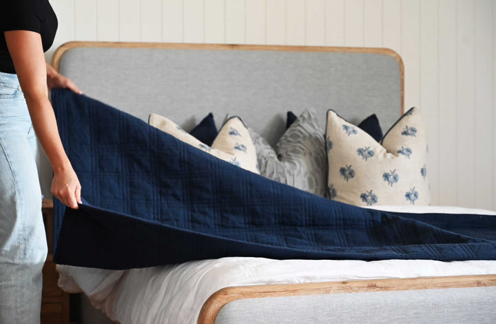 Alana Hand Quilted Linen Reversible Bed Cover- Navy and Oatmeal