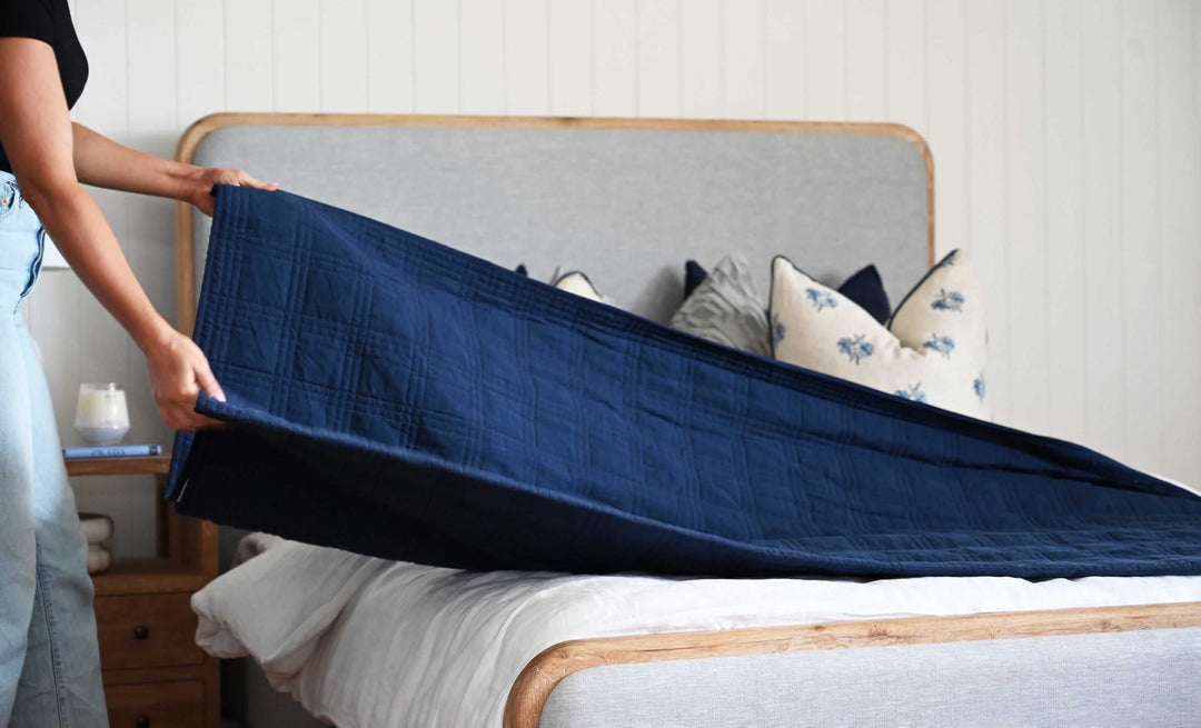 Alana Hand Quilted Linen Reversible Bed Cover- Navy and Oatmeal