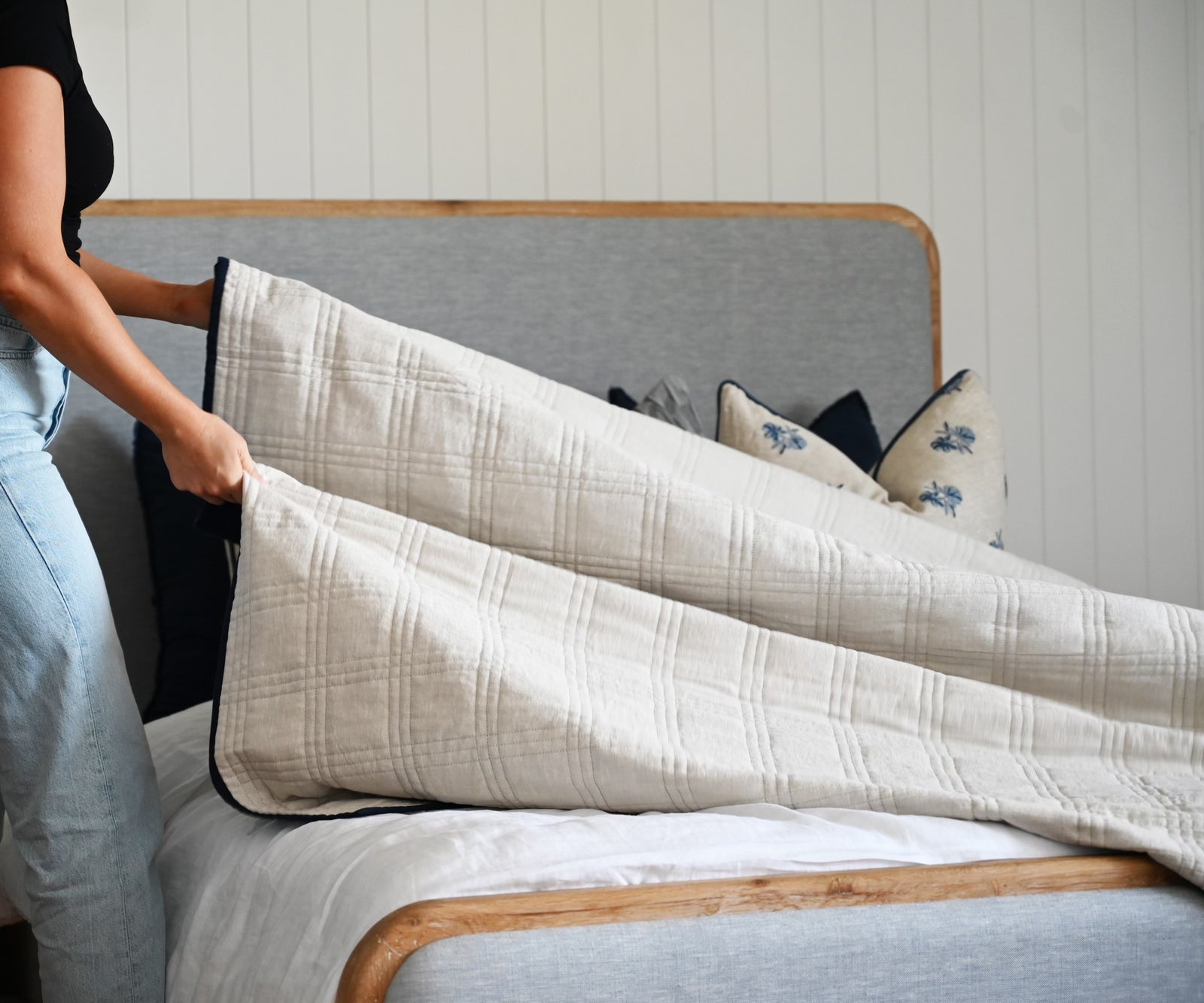 Alana Hand Quilted Linen Reversible Bed Cover- Navy and Oatmeal