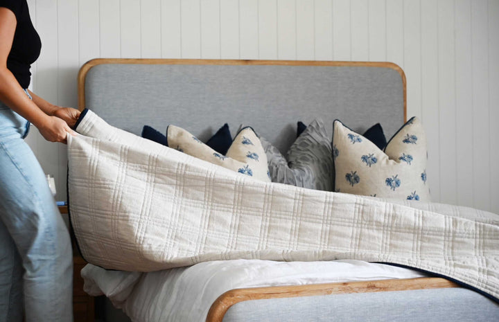 Alana Hand Quilted Linen Reversible Bed Cover- Navy and Oatmeal