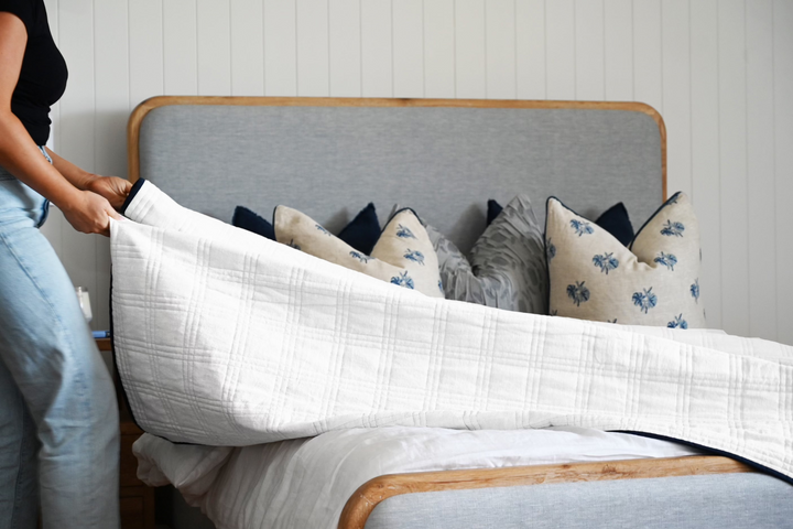 Alana Hand Quilted Linen Reversible Bed Cover- Navy and Off White