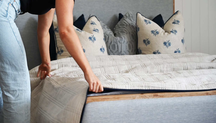 Alana Hand Quilted Linen Reversible Bed Cover- Navy and Oatmeal