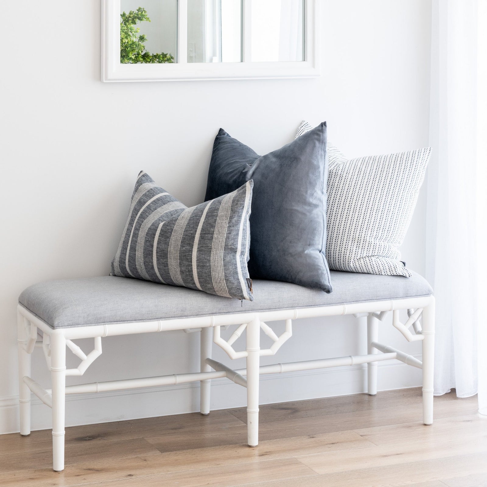 Raffles Linen Upholstered Oak Bench Seat Satin White Duck Egg Blue 135cm wide x 45cm deep x 49cm high