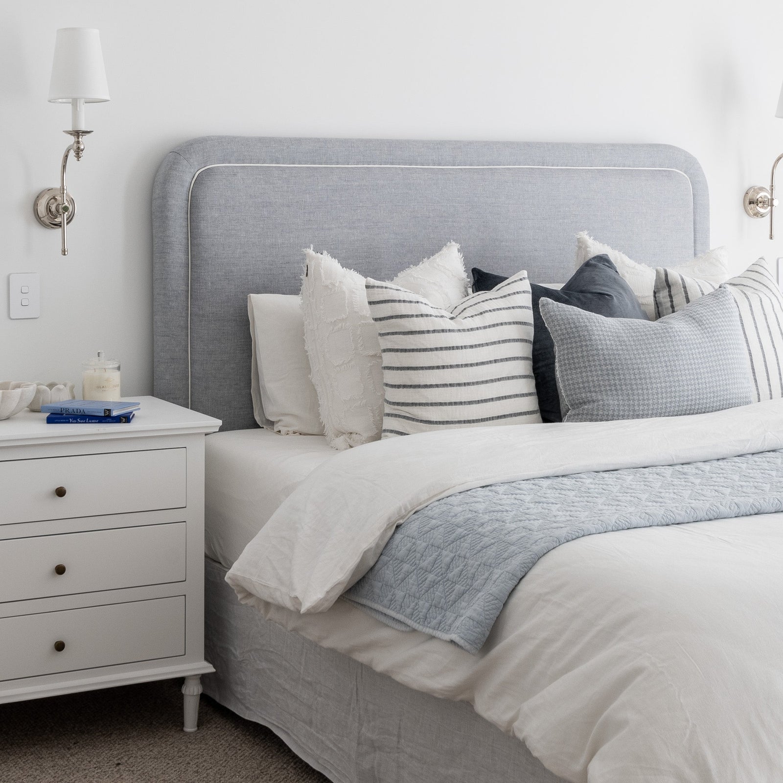 Grace Curved Deluxe Bedhead Duck Egg Blue White Piping