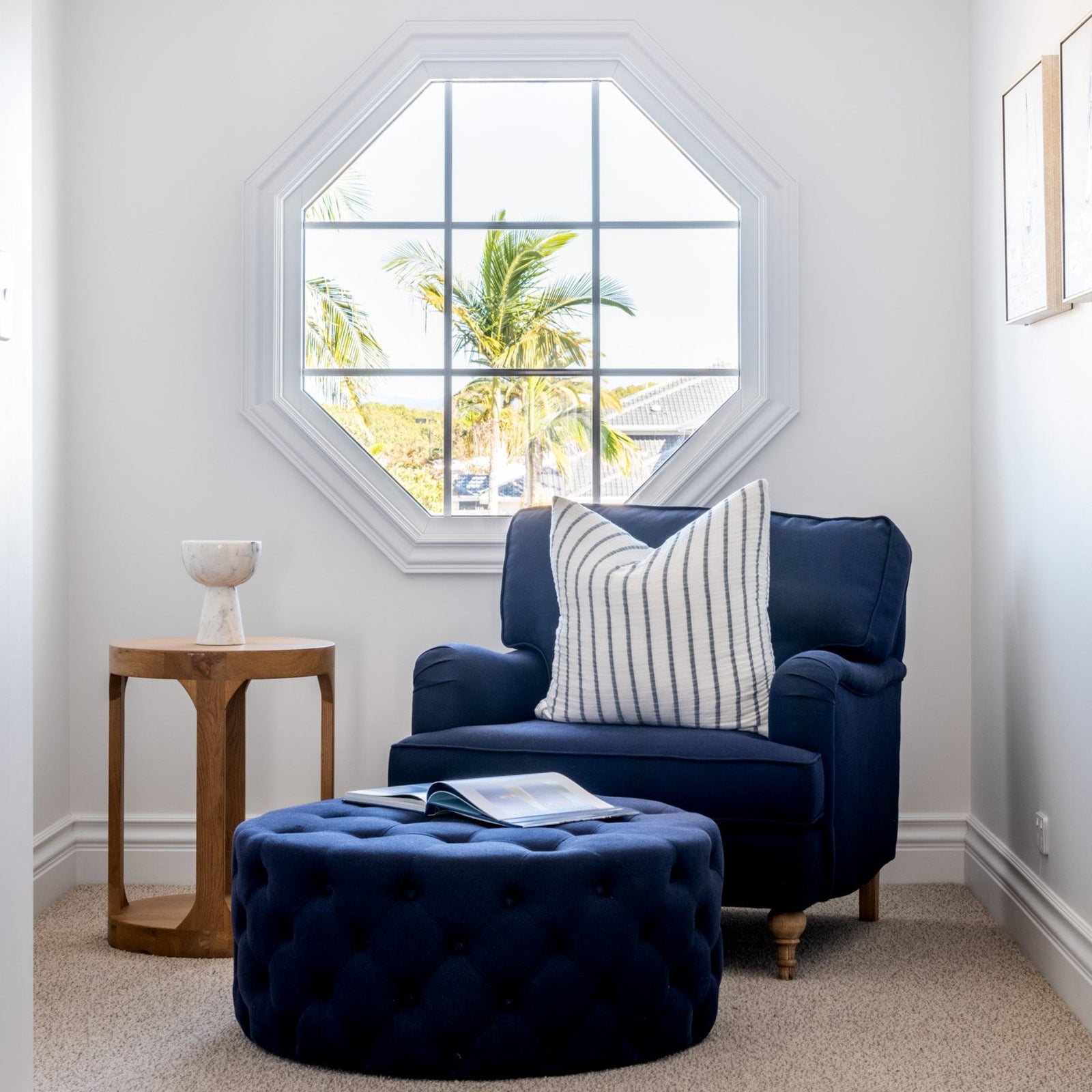 Charlotte Tufted Linen Round Upholstered Ottoman Navy
