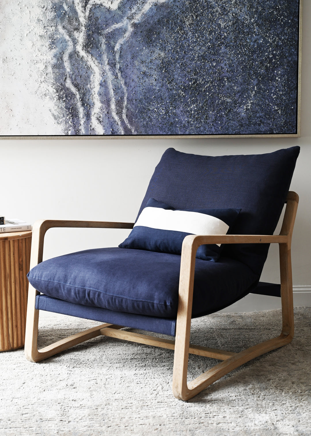 Drift Sling Linen & Oak Armchair Navy Whitewash Oak 76cm wide x 93cm deep x 88cm high