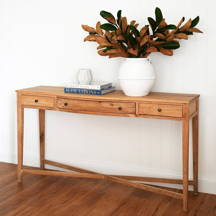 Asher Three Drawer Console Table Whitewash Oak 160cm wide x 45cm deep x 86cm high