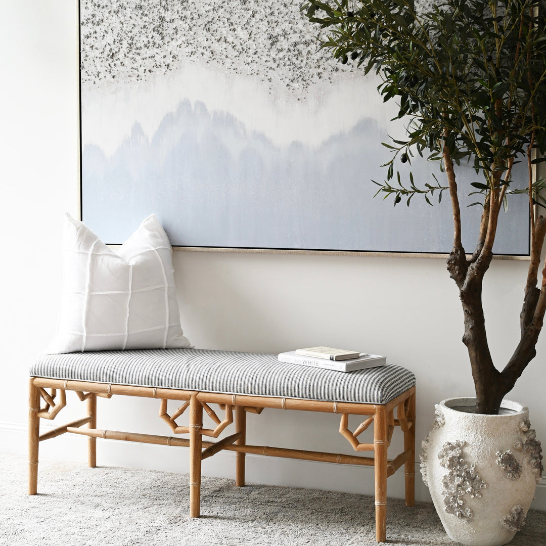 Raffles Linen Upholstered Oak Bench Seat Whitewash Oak Stripe Navy Blue 135cm wide x 45cm deep x 49cm high