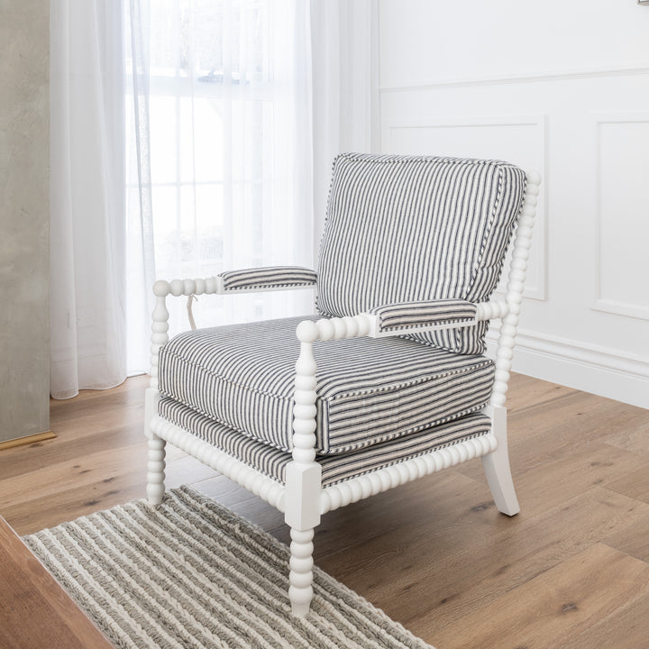 Bobbin Linen And Oak Armchair Satin White Stripe Navy Blue 75cm wide x 85cm deep x 112cm high