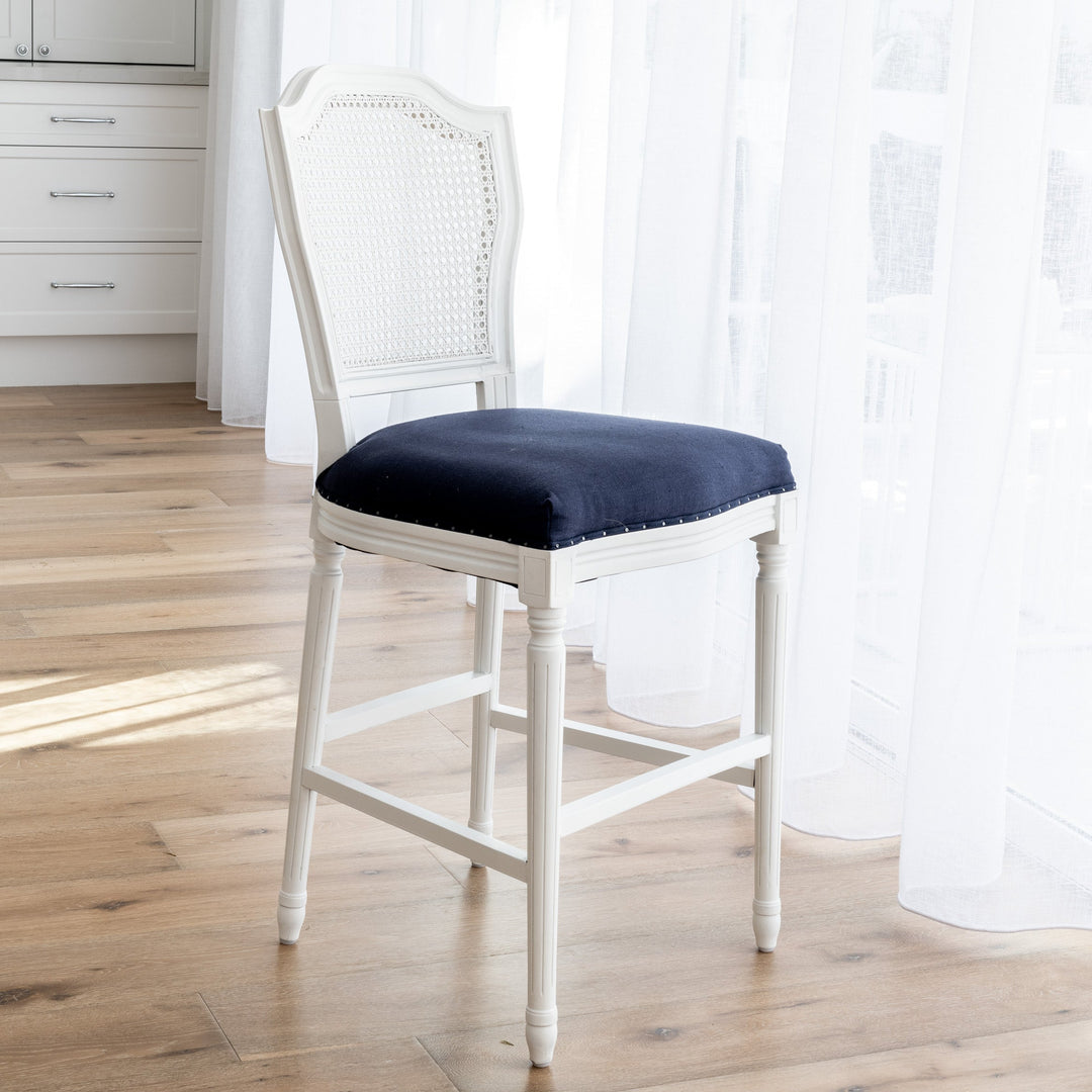 April Luxury Upholstered Kitchen Stool Satin White Navy 48cm wide x 56cm deep x 106.5cm high Seat height approx. 66cm