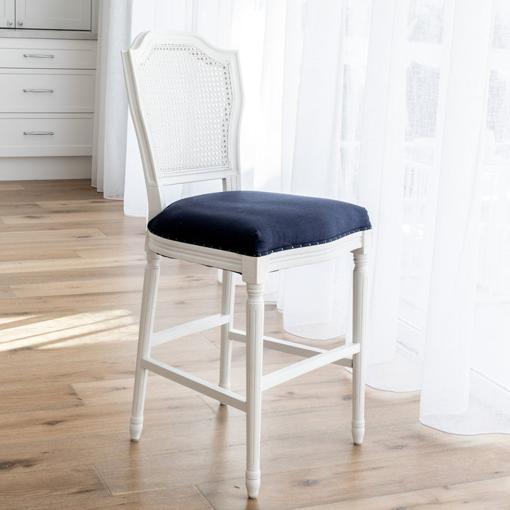 April Luxury Upholstered Kitchen Stool Satin White Navy 48cm wide x 56cm deep x 106.5cm high Seat height approx. 66cm