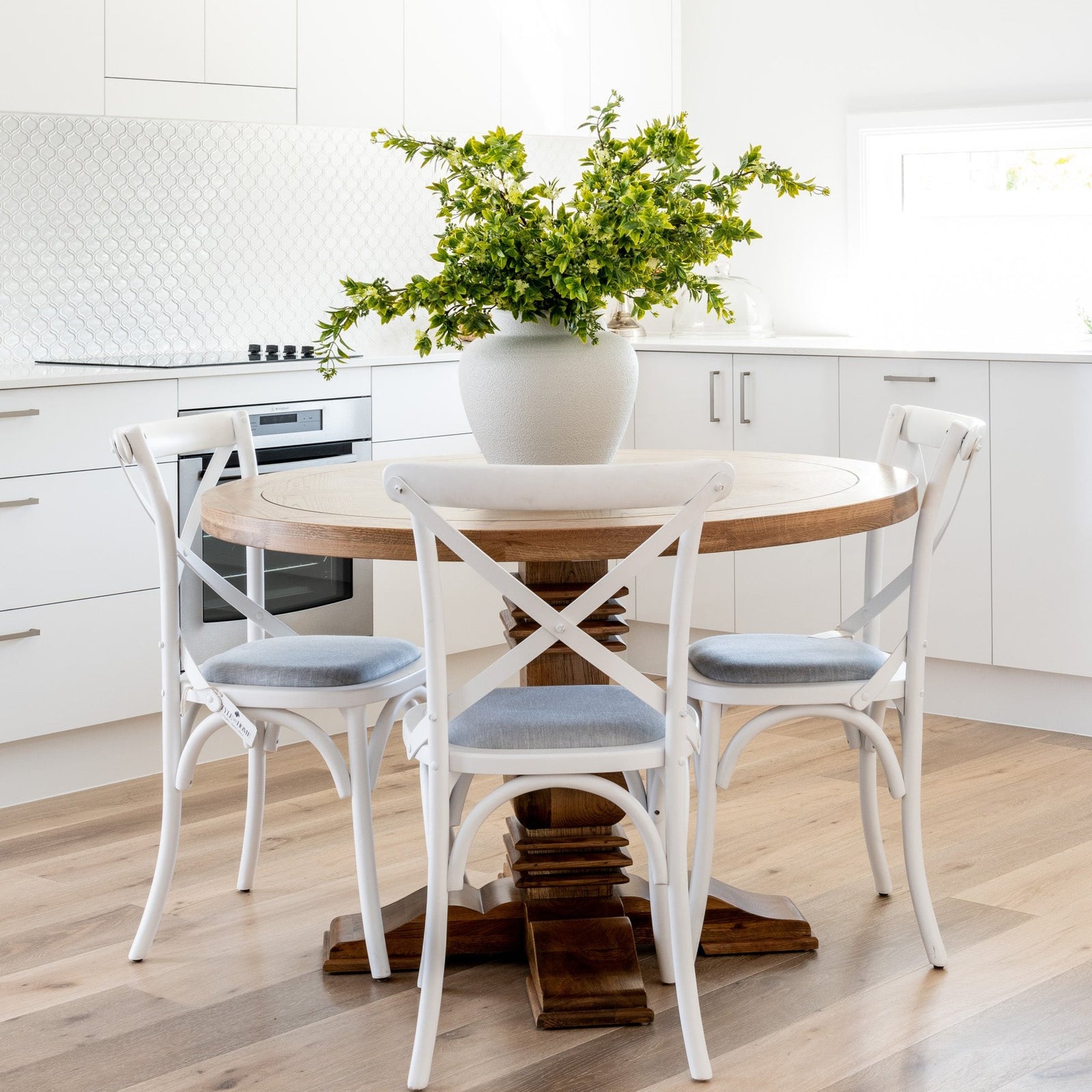 Hannah Parquetry Round Dining Table With Natural Base 1m diametre