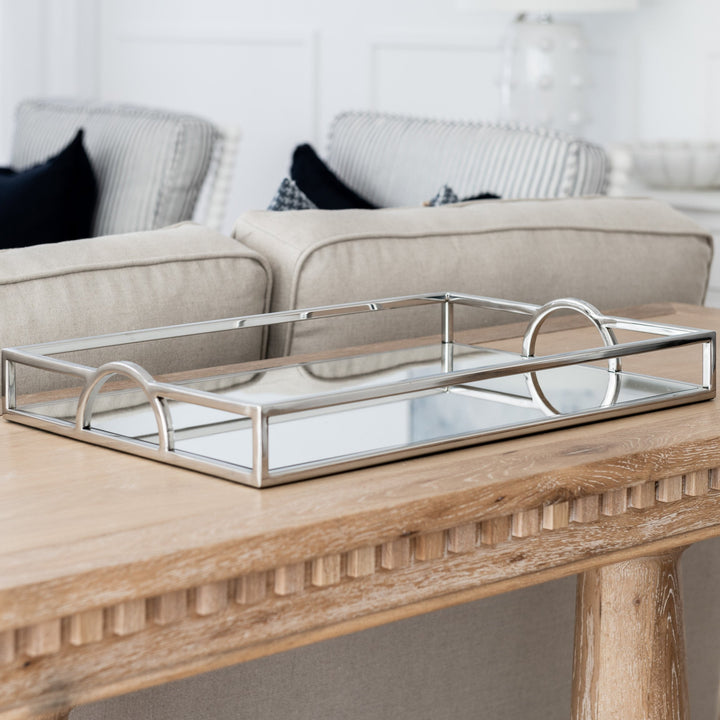 Arch Rectangular Silver Mirrored Tray With Handles