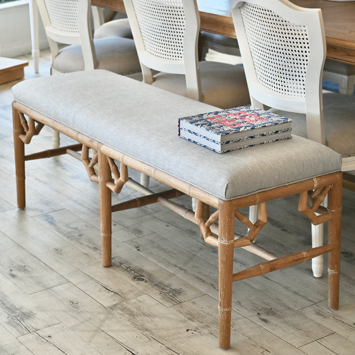 Raffles Linen Upholstered Oak Bench Seat Whitewash Oak Duck Egg Blue 135cm wide x 45cm deep x 49cm high