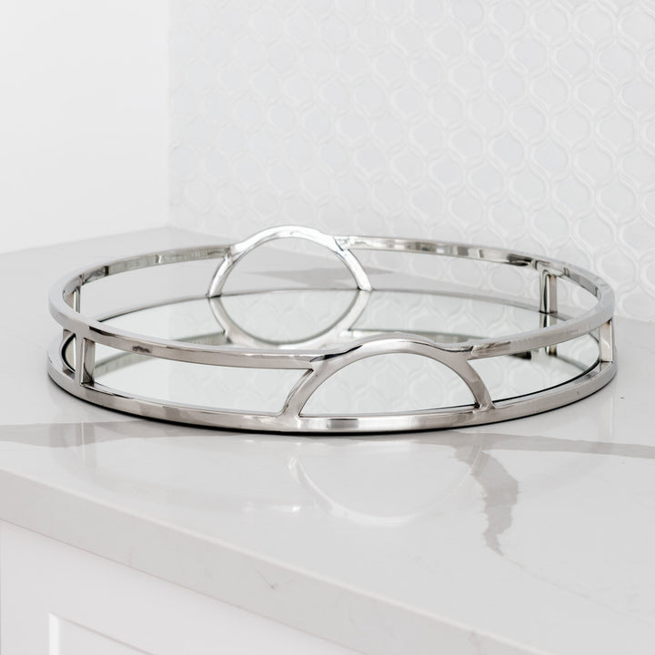 Arch Round Silver Mirrored Tray With Handles Nickel Silver Large
