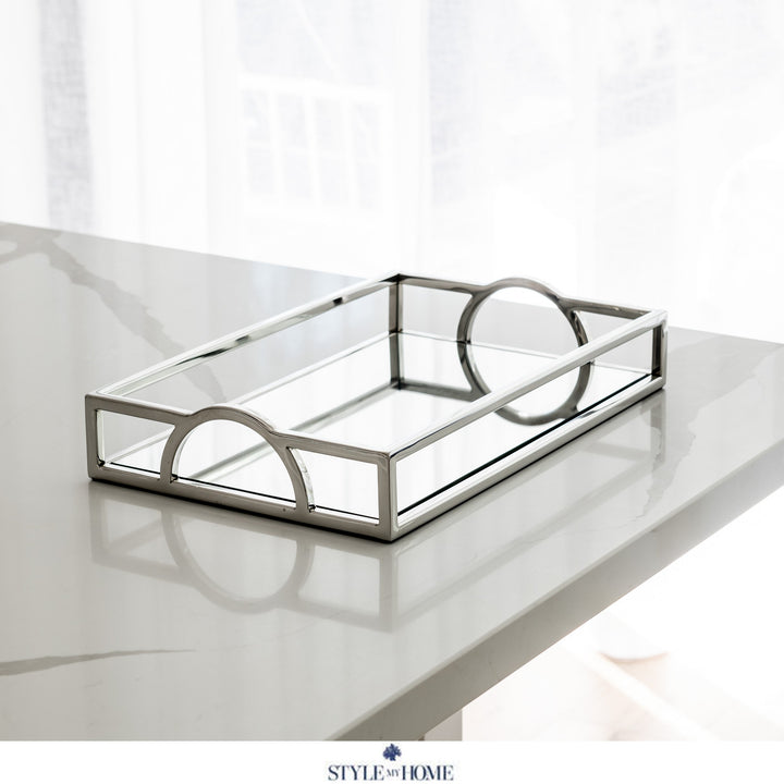 Arch Rectangular Silver Mirrored Tray With Handles Nickel Silver Medium