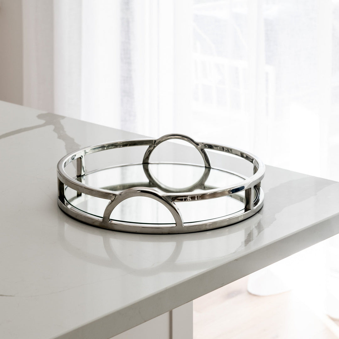 Arch Round Silver Mirrored Tray With Handles Nickel Silver Medium