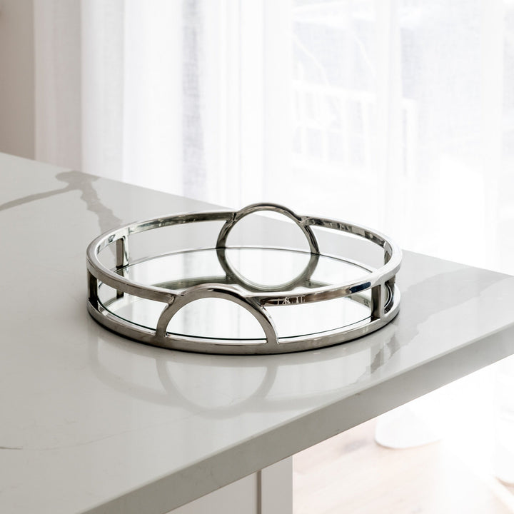 Arch Round Silver Mirrored Tray With Handles Nickel Silver Medium