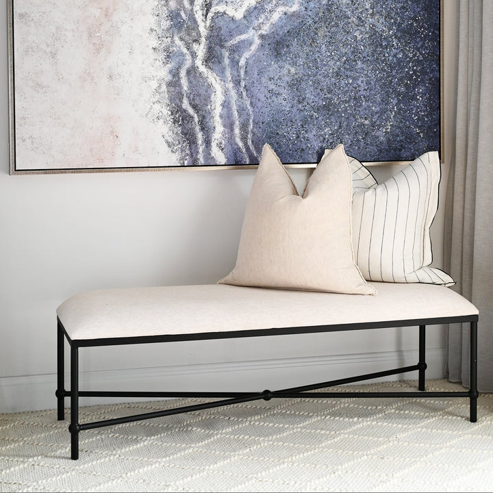Cambridge Iron and Linen Cross Leg Large Bench Pinstripe Oatmeal 150cm wide x 46cm deep x 49cm high