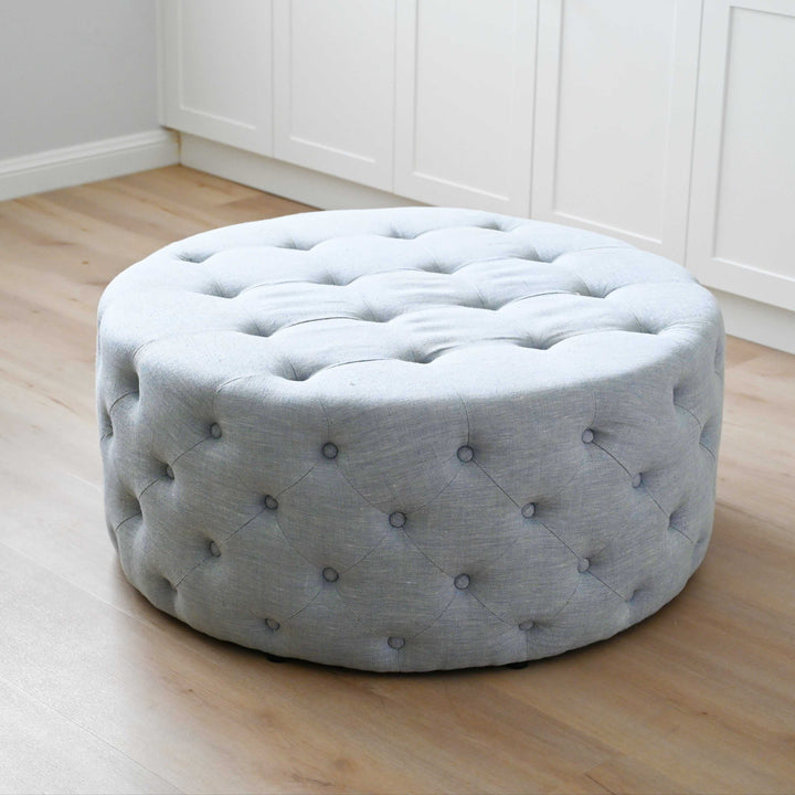 Charlotte Tufted Linen Round Upholstered Ottoman Duck Egg Blue