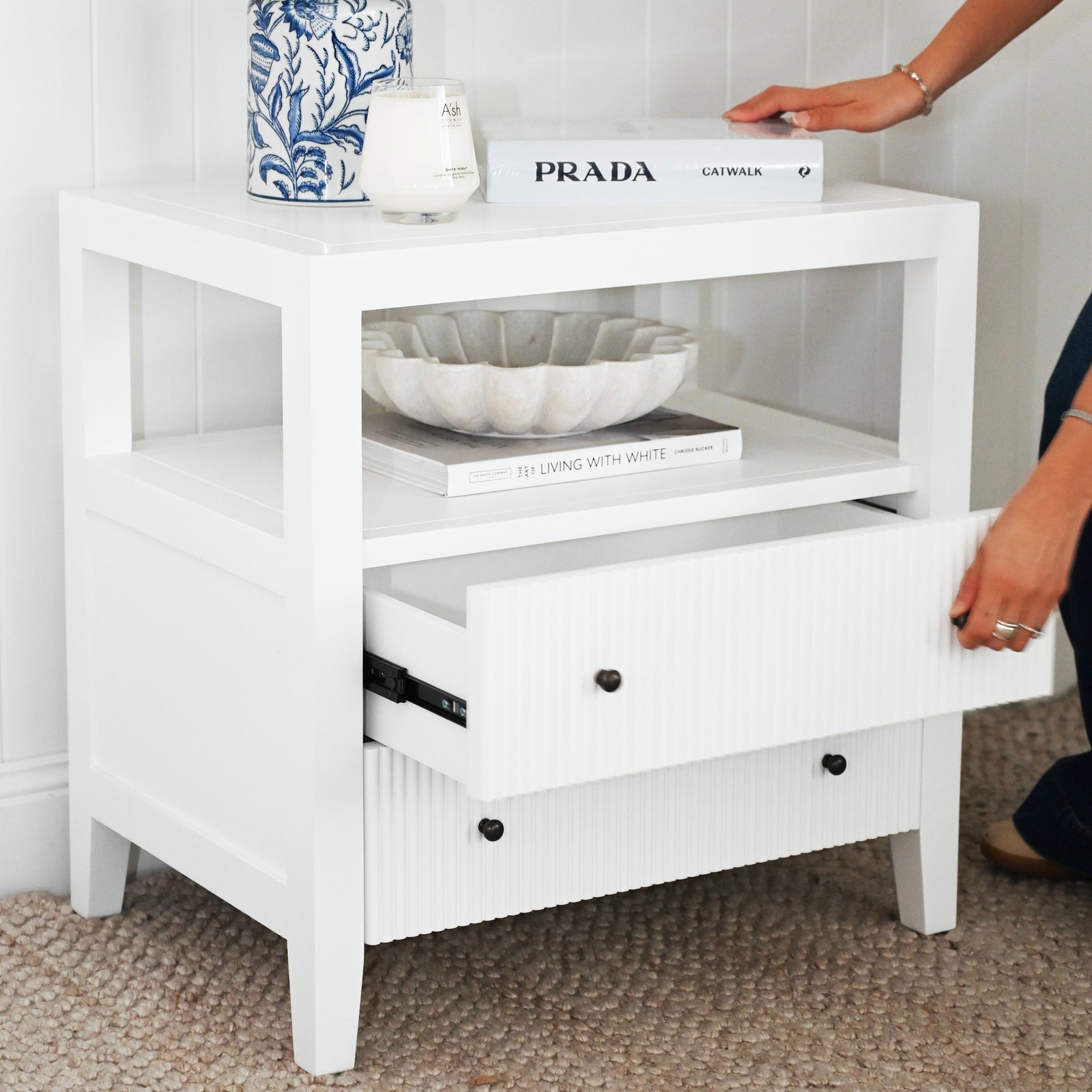 Ellis Medium Bedside Table Satin White 65cm wide x 45cm deep x 65cm high