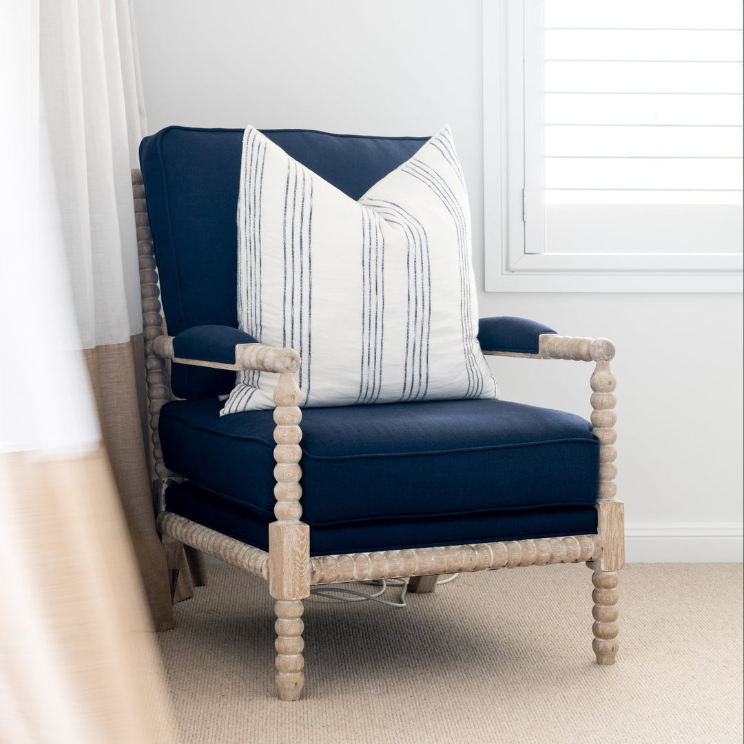 Bobbin Linen And Oak Armchair Whitewash Oak Navy 75cm wide x 85cm deep x 112cm high