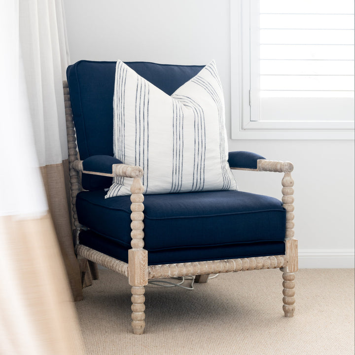 Bobbin Linen And Oak Armchair Whitewash Oak Navy 75cm wide x 85cm deep x 112cm high
