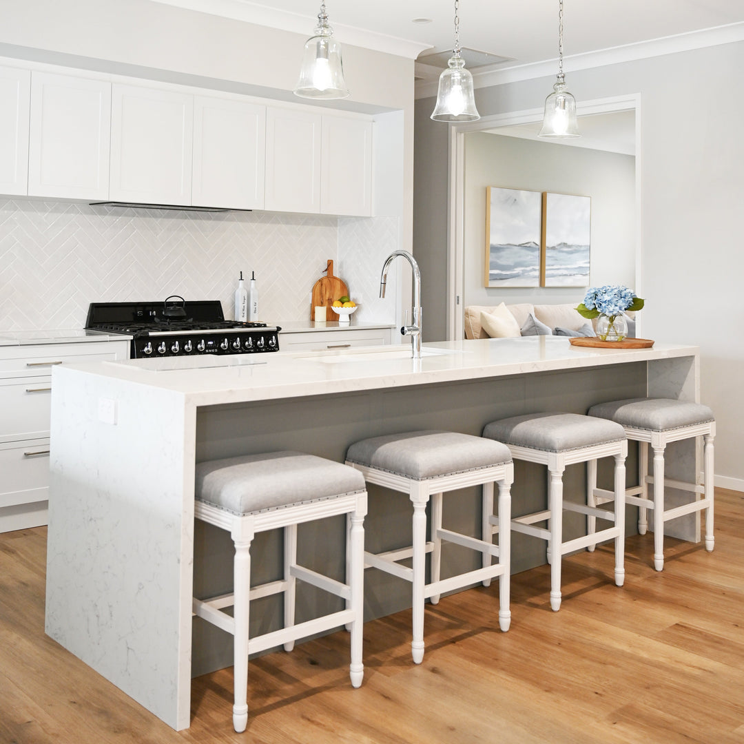 April Backless Kitchen Stool With Padded Linen Seat Satin White Duck Egg Blue