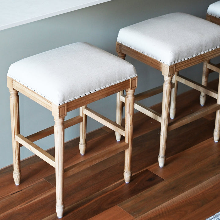 April Backless Kitchen Stool With Padded Linen Seat Natural Oak Oatmeal