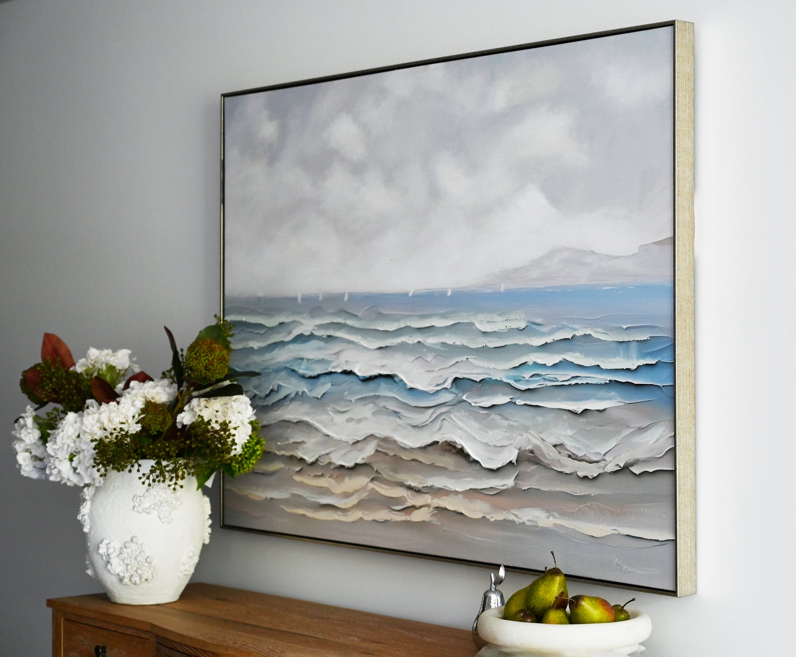 Watercolour Waves Canvas In Antique Silver Frame