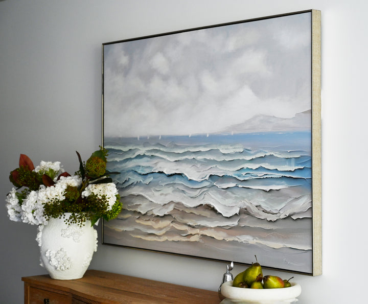 Watercolour Waves Canvas In Antique Silver Frame