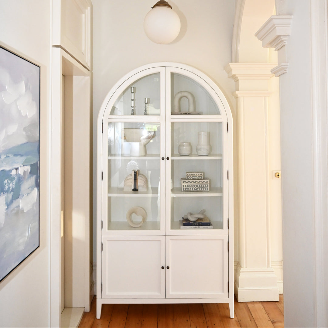Arch Glass Display Cabinet Satin White 120cm wide x 45cm deep x 224cm high