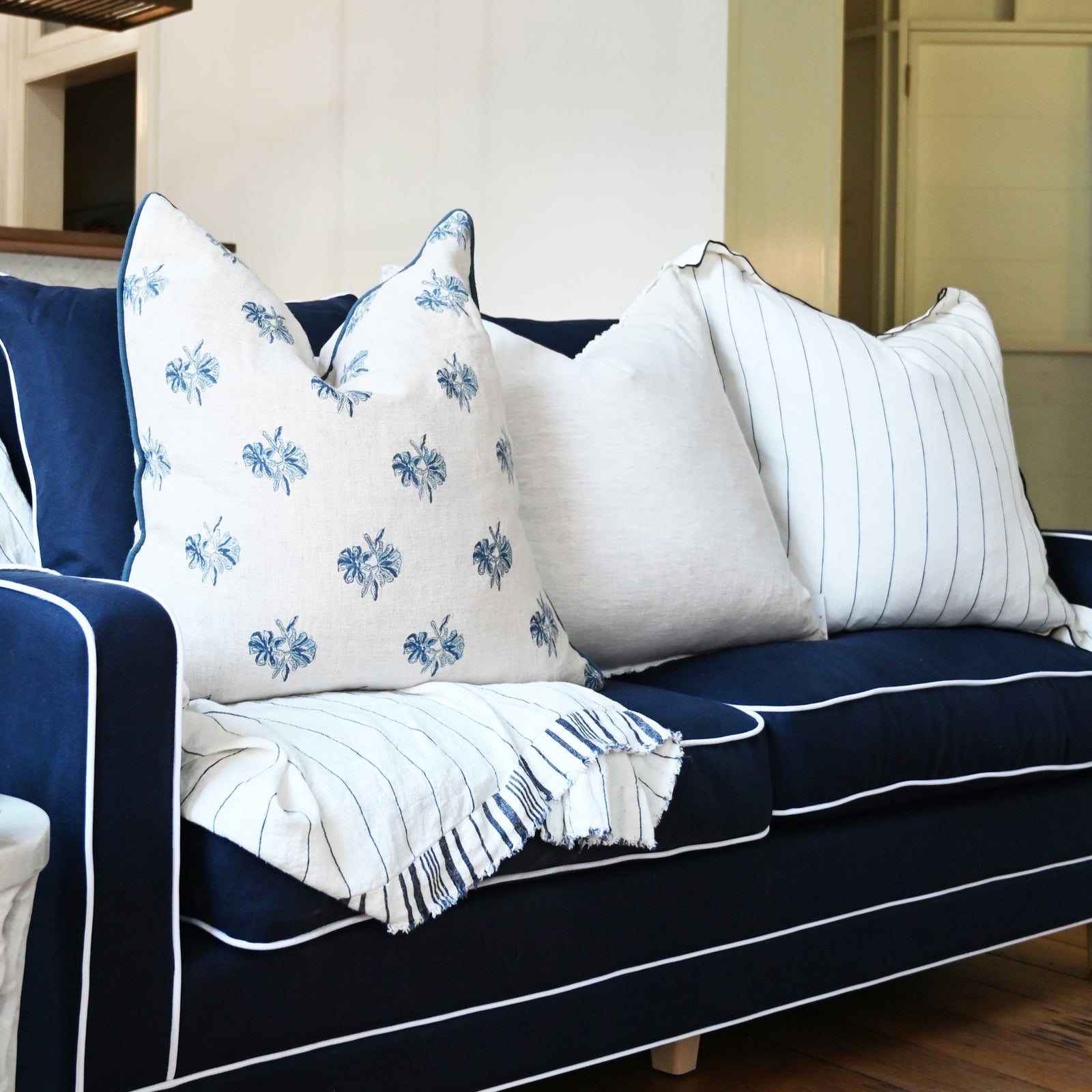 Tamarama White & Blue Stripe Square Linen Cushion