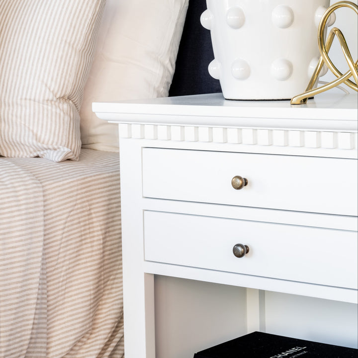 Regency Large Bedside Table Satin White 75cm wide x 43cm deep x 72cm high