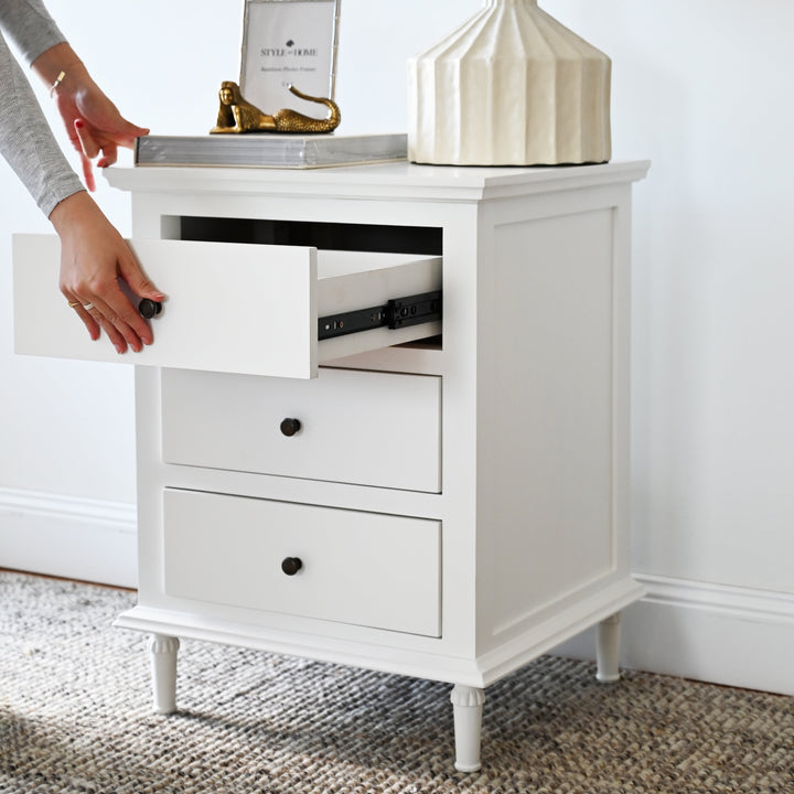 Sophia Small Bedside Table Satin White 55cm wide x 49cm deep x 72cm high