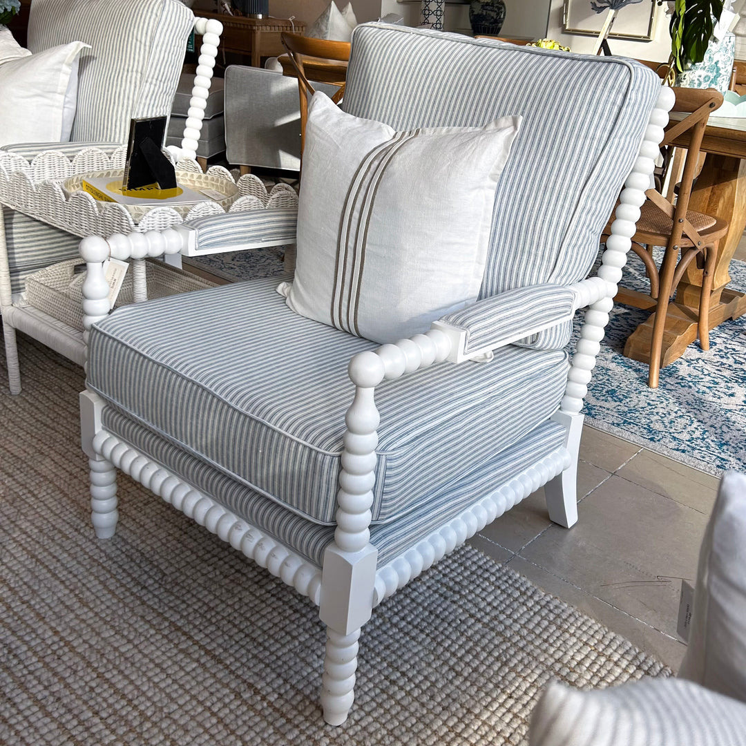 Bobbin Linen And Oak Armchair Satin White Stripe Duck Egg Blue 75cm wide x 85cm deep x 112cm high