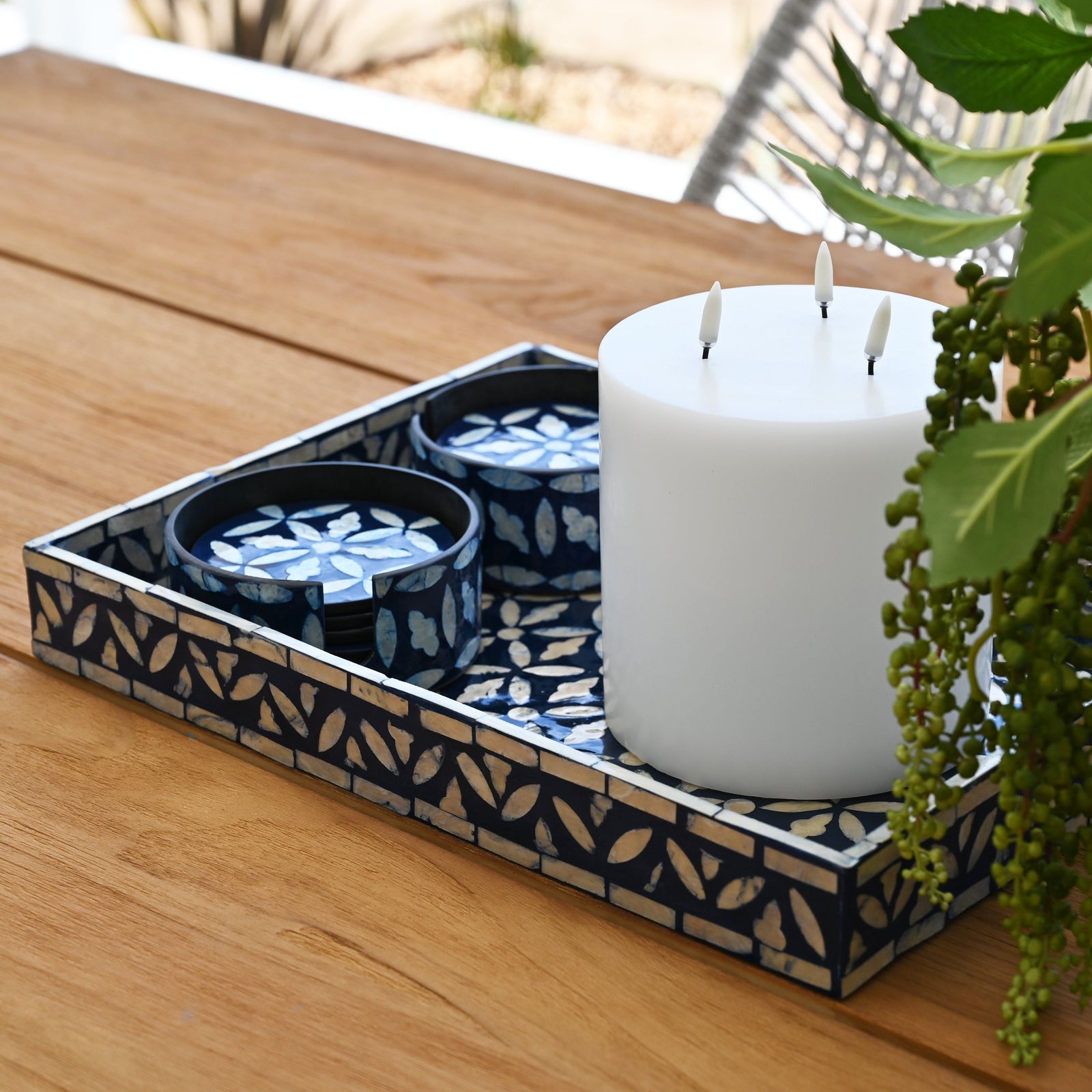 Floral Blue Rectangular Mother Of Pearl Tray