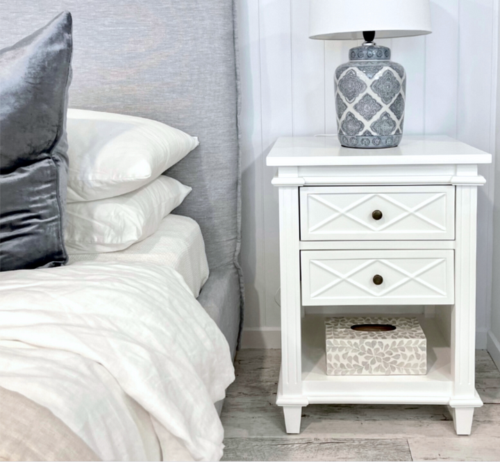 Ascot Small Bedside Table Satin White 50cm wide x 45cm deep x 68cm high