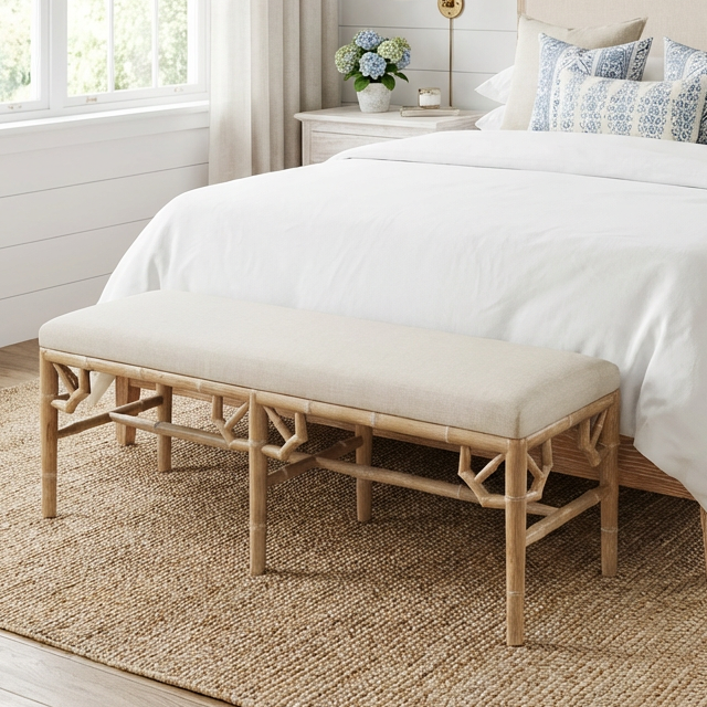Raffles Linen Upholstered Oak Bench Seat Whitewash Oak Oatmeal 135cm wide x 45cm deep x 49cm high