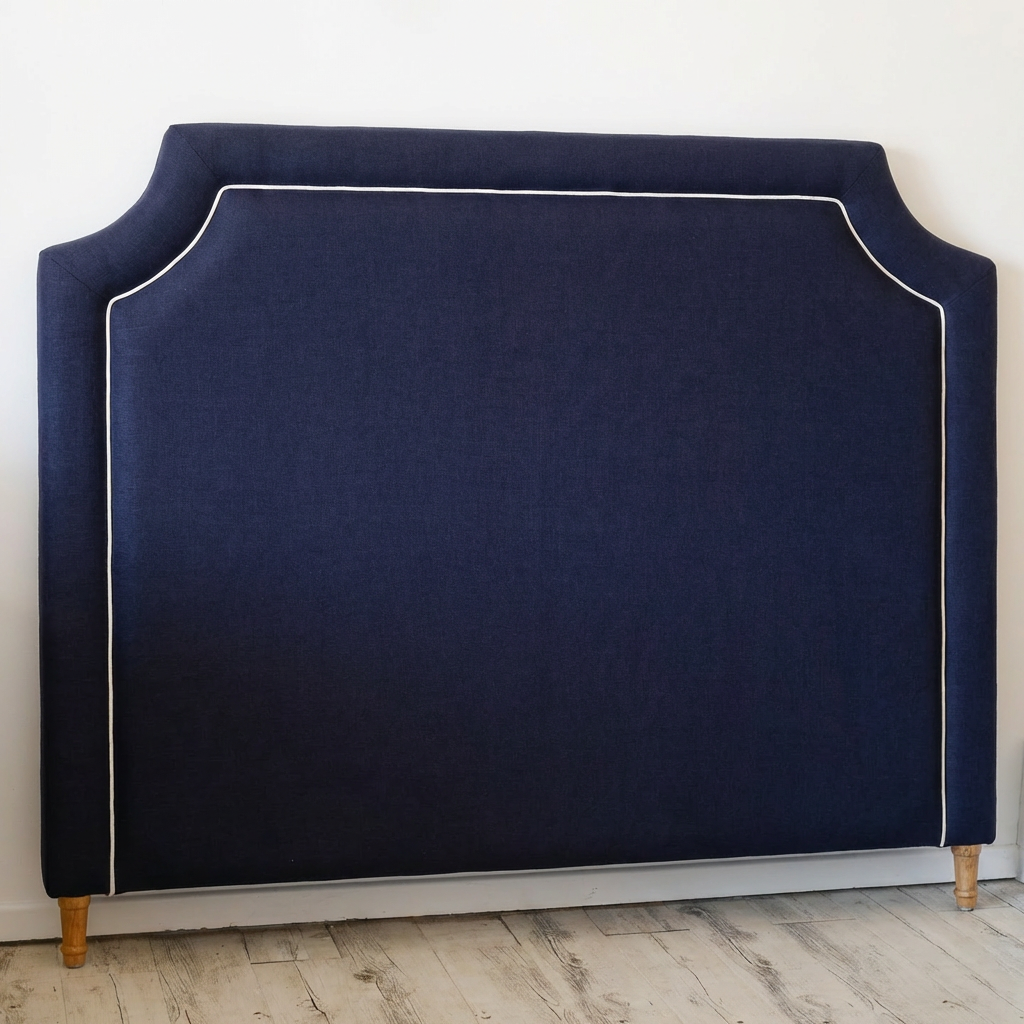 Scarlett Linen Bedhead with white piping Navy White Piping
