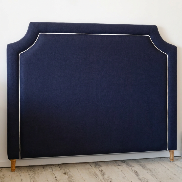 Scarlett Linen Bedhead with white piping Navy White Piping