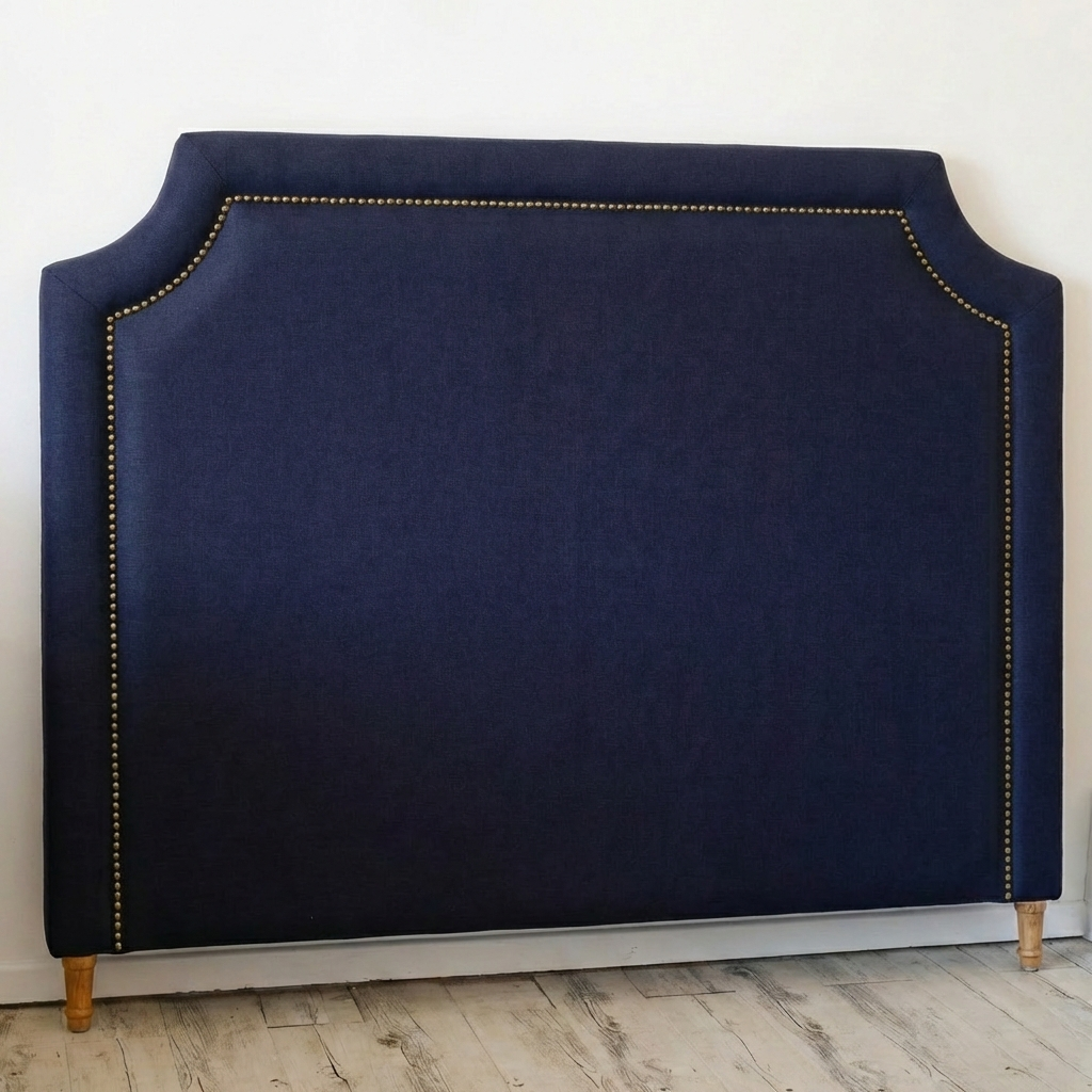Scarlett Linen Bedhead with studs Navy Brass Studs