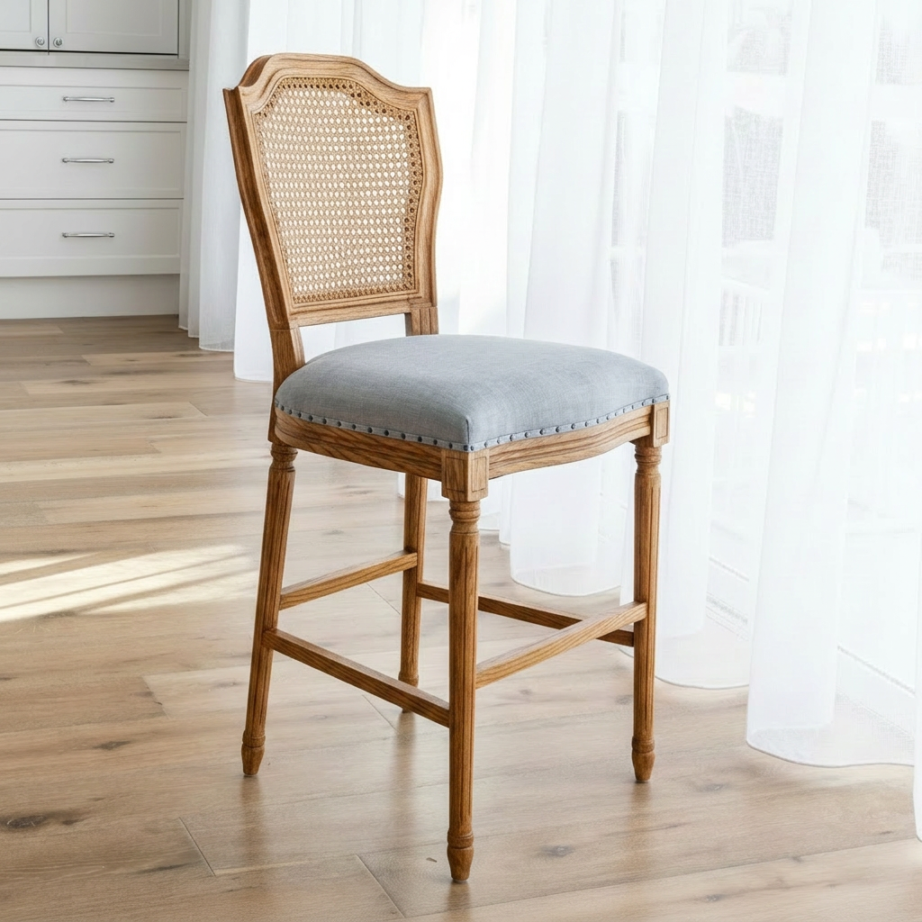 April Luxury Upholstered Kitchen Stool Natural Oak Duck Egg Blue 48cm wide x 56cm deep x 106.5cm high Seat height approx. 66cm