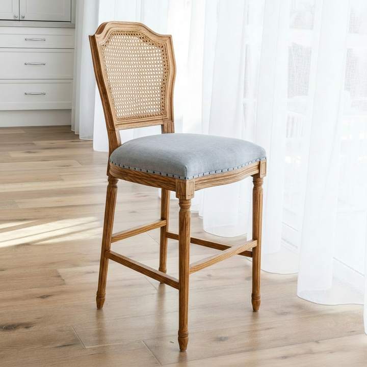 April Luxury Upholstered Kitchen Stool Natural Oak Duck Egg Blue 48cm wide x 56cm deep x 106.5cm high Seat height approx. 66cm