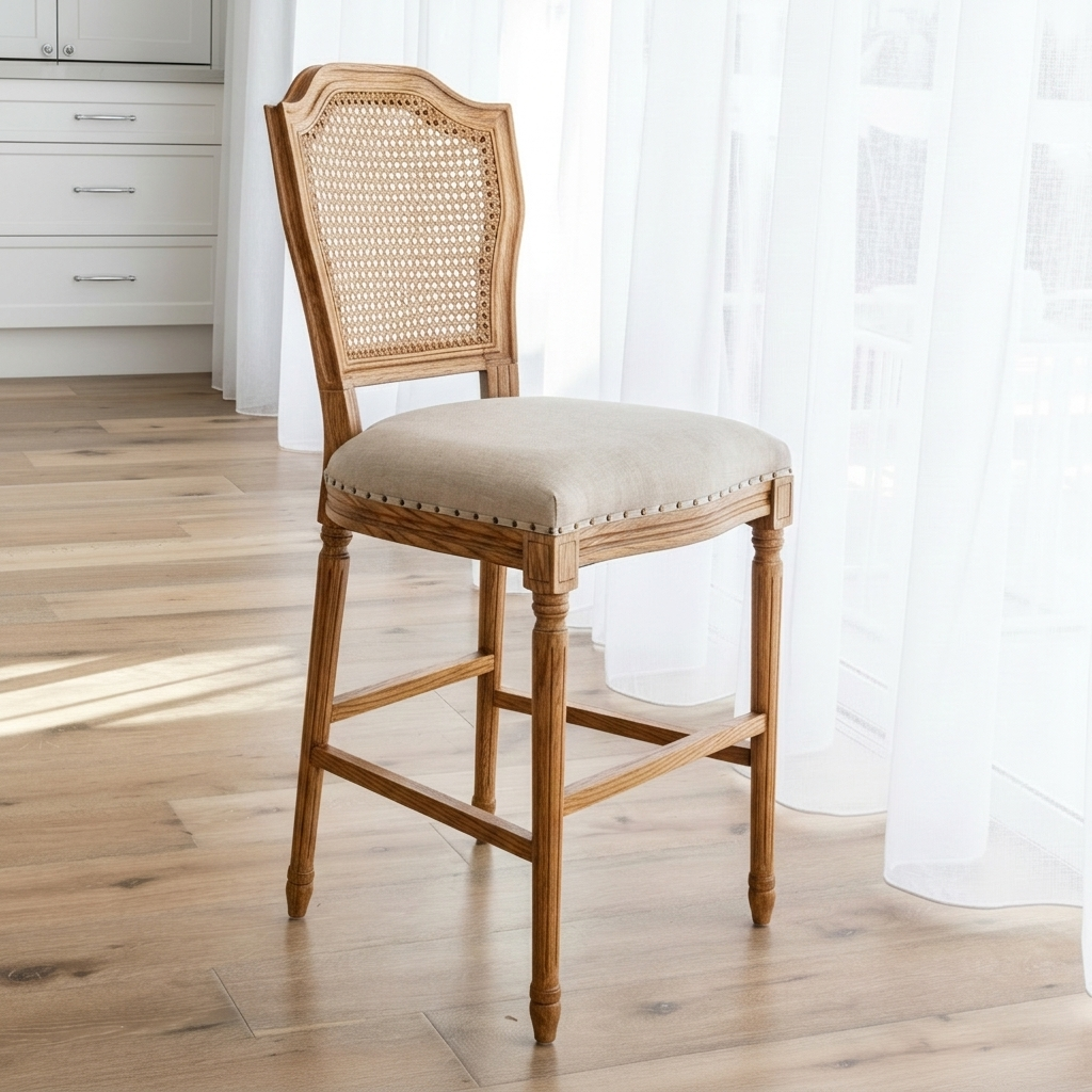 April Luxury Upholstered Kitchen Stool Natural Oak Oatmeal 48cm wide x 56cm deep x 106.5cm high Seat height approx. 66cm