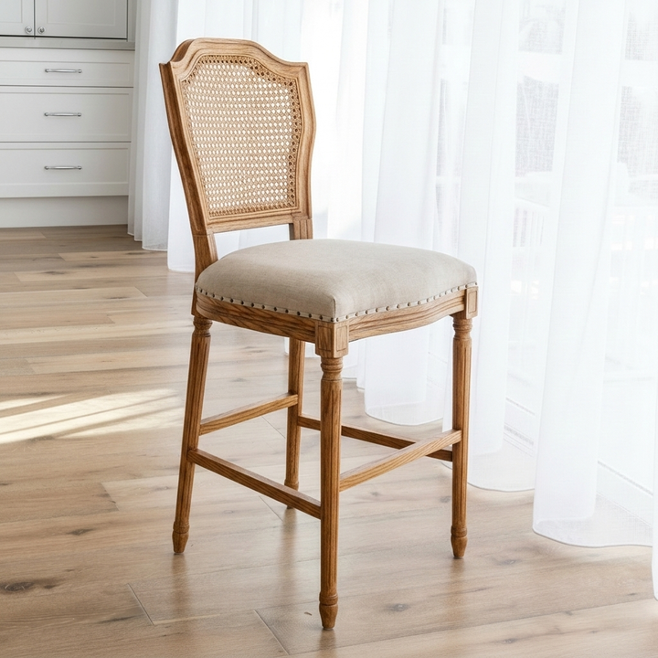 April Luxury Upholstered Kitchen Stool Natural Oak Oatmeal 48cm wide x 56cm deep x 106.5cm high Seat height approx. 66cm