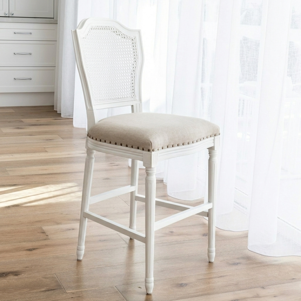 April Luxury Upholstered Kitchen Stool Satin White Oatmeal 48cm wide x 56cm deep x 106.5cm high Seat height approx. 66cm