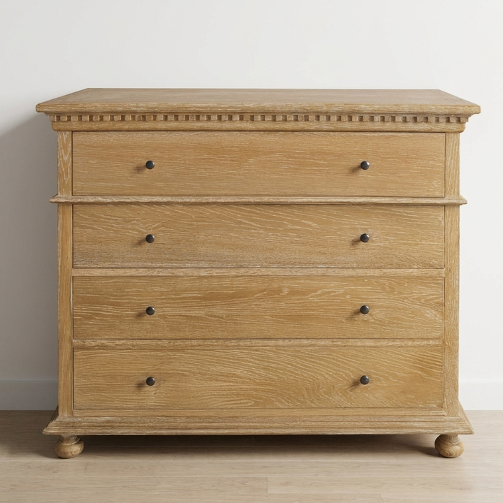 Regency Four Drawer Chest of Drawers Whitewash Oak 120cm wide x 50cm deep x 108cm high
